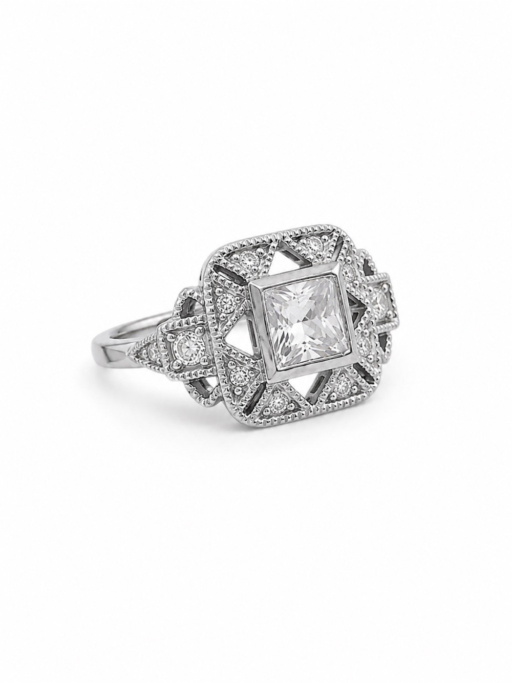 Art Deco Style Rhodium Plated CZ Ring Size 9.25 Vintage Inspired